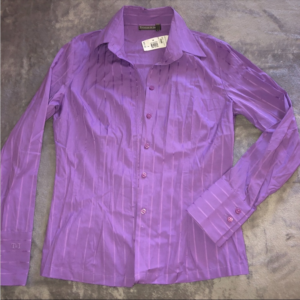 Tristan & Iseut striped purple casual, elegant striped blouse/ button down shirt